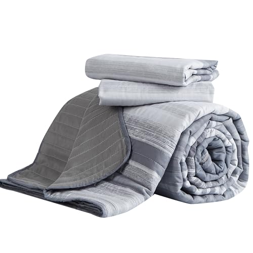 KAKIJUMN Twin Quilt Bedding Set, White and Grey Patchwork Striped Quilt Set, 2 Pieces Soft Lightweight Bedspread Coverlet Set with 1 Pillow Sham(Light Grey,Twin) KAKIJUMN