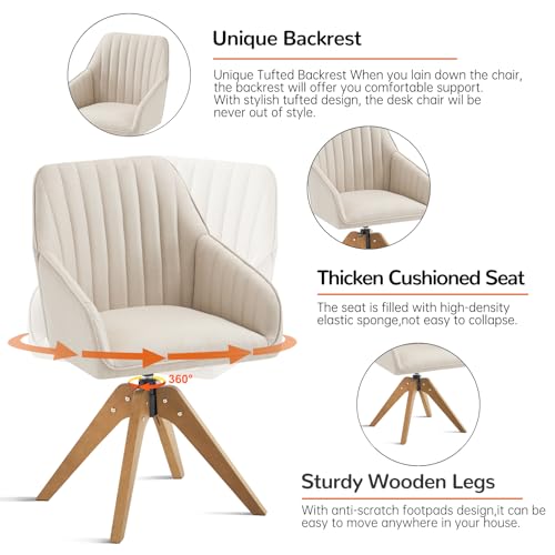 Furniliving 36.8'' Mid Century Modern Swivel Accent Chair for Living Room, Wood Desk Chair with Arms Mid Back Arm Chairs Upholstered Home Office Chair No Wheels for Home Office/Bedroom, Beige Furniliving