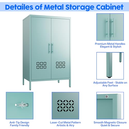 GangMei Metal Storage Cabinet with Adjustable Shelves,Metal Buffet Sideboard with 2 Doors for Kitchen,Home,Office, 42" H x 26" W x 14" D,Assembly Required,Blue GangMei