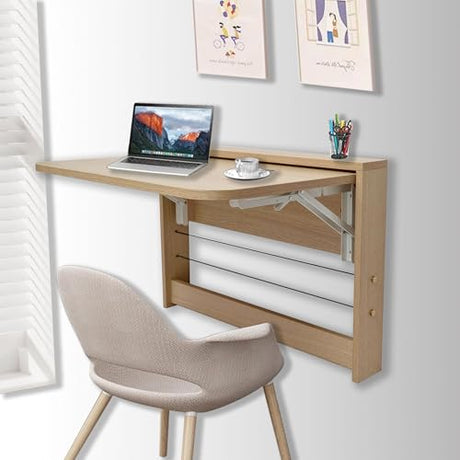 SKVSKV Folding Wall Table, Fold Down Table Wall Mounted, Floating Desk for Wall, Functional Hanging Desk for Home Office Workstation, Laundry Room, Kitchen Dining (24.8 * 16.3inch, Wood Color) SKVSKV
