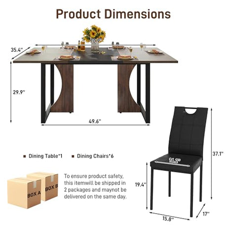 chartustriable 7PCS Dining Table Set for 4 5 6 People, 71" Large Long Wooden Kitchen Table with 6 Chairs (Brown+Black, 71IN Table+6 PCS Chairs) chartustriable