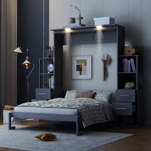 Ball & Cast Wall Bed Queen Size Murphy Beds with 2 Four-Layer Shelves and 4 Drawers,Wood Storage Hideaway Cabinet w/LED Lights,Space-Saving for Home Office,Study,Guest Room,Gray Ball & Cast
