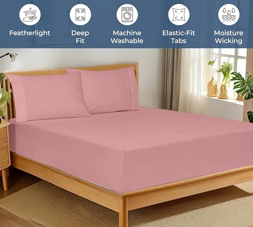 Royale Linens 100% Organic Cotton Fitted Sheet - Percale Weave - Super Soft Deep Pocket Bottom Sheets - Pink Elastic Sheet Queen Size - Queen Fitted Sheets Only - (60"x80"+15", Pink) ROYALE LINENS