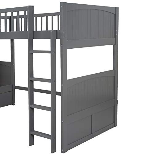 GAOWEI L-Shaped Bunk Bed with Drawers,Twin Over Twin Triple Bunk Beds and Loft Bed for 3 with Ladder & Guardrail & Headboard & Footboard Kids/Solid Wood Triple Bunk Bed for Kids (Gray) GAOWEI