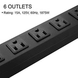 Metal Wall Mount Power Strip, Mountable Power Outlet with 6 AC Outlets, Aluminum Alloy Mount Power Socket with Switch, 6 FT SJT 3/C 14AWG Power Cord, 15A 125V 1875W (6AC) Black HHSOET