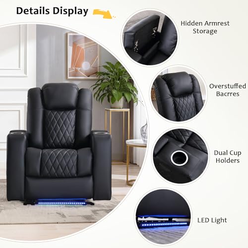 ANJ Home Theater Seating Power Recliner with Hidden Arm Storage, Faux Leather Recliners with LED Light, Electric Movie Reclining Chairs with USB Ports & Cup Holders for Media Living Room, Black
