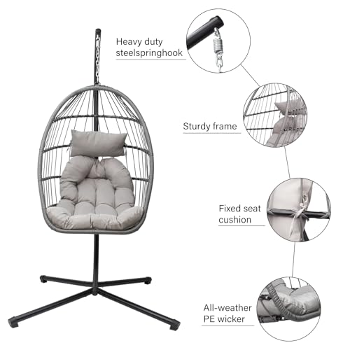 Hanging Egg Chair with Stand, Patio Wicker Hammock Egg Swing Chair with Cushion for Bedroom Garden Indoor Outdoor SZHLUX