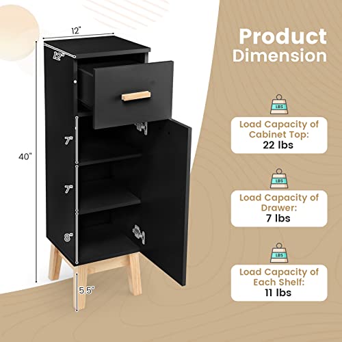 Tangkula Narrow Bathroom Storage Cabinet, Side Cabinet with Adjustable Shelves, Drawer and Pine Wood Legs, Small Bathroom Cabinet for Living Room Hallway (Black)