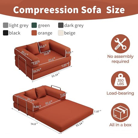 BSHOMGI Folding Sofa Bed, 4 in 1 Convertible Sofas to Lounger Comfy Single Bean Bag Chair Floor Portable Foldable Sleeper Lazy Futon Couch Chair for Bedroom, Living Room (Orange, 53.15" Double Sofa) BSHOMGI