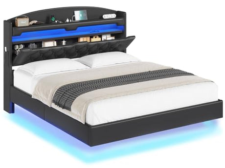 ADORNEVE Floating Bed Frame Queen with Hidden Storage Headboard, Floating LED Bed Frame with Charging Station, Upholstered Leather Platform Bed with Storage, No Box Spring Needed, Black ADORNEVE