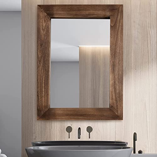 MAXYOYO Rustic Wood Wall Mirror for Bathroom, 24" x 32" Wood Framed Mirror Farmhouse Style Bathroom Vanity Mirror, Vertical or Horizontal Hanging, Brown - WoodArtSupply