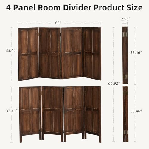 Asnefeli Wood 4 Panel Room Divider, 5.6Ft Detachable Folding Privacy Screen for Room Separation, 33.5" 2in1 Removable Short Wall Divider Screen for Home Office, Bedroom, Dog Gate for Isolate Dog-Brown Asnefeli