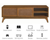 LKTART 59 Inch Mid Century Modern TV Stand with Rattan Cabinet Doors, Entertainment Center for living room Solid Wood Feet Light Wood LKTART