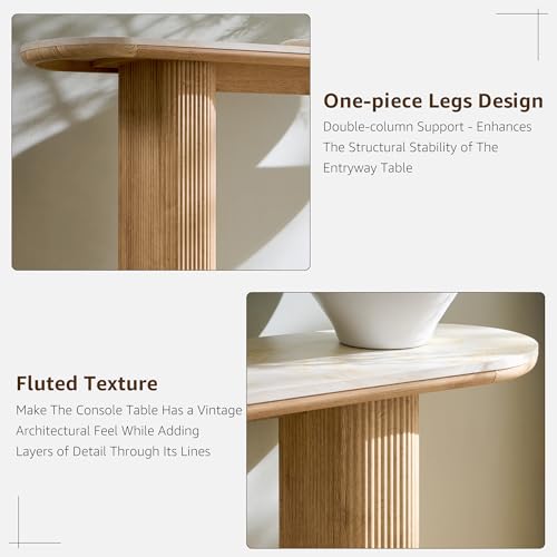 OKD 63 Inch Modern Console Table with Arc Faux Marble Texture Top, Fluted Wood Base, Contemporary Entryway Sofa Table for Living Room, Hallway, Foyer, Natural Oak OKD