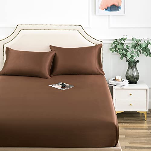 Satin Fitted Sheet, Twin Fitted Sheet Only, 1 - Piece Ultra Soft Deep Pocket Single Silk Bottom Bed Sheet Twin - Brown Luxbedding