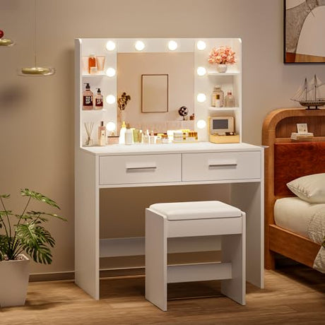 YESHOMY Vanity Desk with Mirror, Makeup Table with 2 Large Drawers, Power Outlet and Round Holder, 3 Color Modes Adjustable Bulb, Bench Included, Easy Assembly, Gloss White YESHOMY