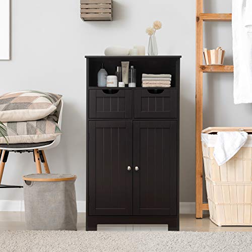 Tangkula Bathroom Floor Cabinet, Storage Cabinet w/Open Shelf, 2 Doors & 2 Adjustable Drawers, Standing Cupboard for Kitchen, Bathroom Cabinet for Living Room Home Office (Espresso) - WoodArtSupply