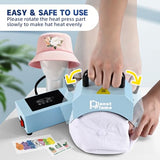 PlanetFlame Hat Press, Mini Hat Press Heat Machine for Caps Hats with 5.4" * 3.1" Curved Teflon Coated Heat Plate & Safety Base for Heat Transfer Vinyl, Sublimation and DIY Projects, Blue PlanetFlame