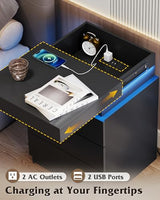WLIVE Nightstand with Charging Station & LED Lights, Modern Night Stand with 3 Drawers and Sliding Top, Bedside Table End Table with Hidden Space for Bedroom, Living Room, Black WLIVE