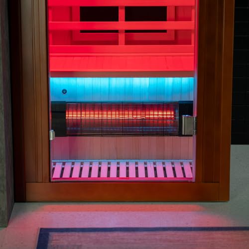 Woodbridge Infrared Home Sauna Room 1 Person Japanese Cedar Indoor Sauna with 7 Carbon Heaters, Red Light Therapy, Bluetooth Speaker, Intelligent Control Panel, Tempered Glass & Top Vent WOODBRIDGE