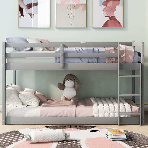 Majnesvon Low Bunk Bed Frame - Solid Wood Twin Over Twin with Integrated Ladder and Full Guardrails - WoodArtSupply