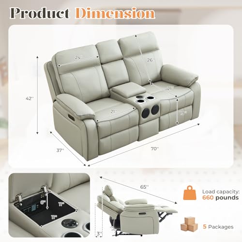 RIHEREFY Power Reclining Loveseat with LED Reading Light, Breathable Leather Loveseat Recliner Sofa RV Wall Hugger Double Recliners with Bluetooth Speaker/Drawer/USB/Type C (Gray, 2 Seater)