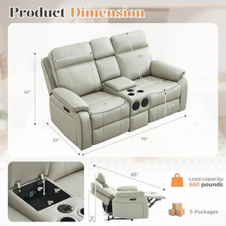 RIHEREFY Power Reclining Loveseat with LED Reading Light, Breathable Leather Loveseat Recliner Sofa RV Wall Hugger Double Recliners with Bluetooth Speaker/Drawer/USB/Type C (Gray, 2 Seater) RIHEREFY