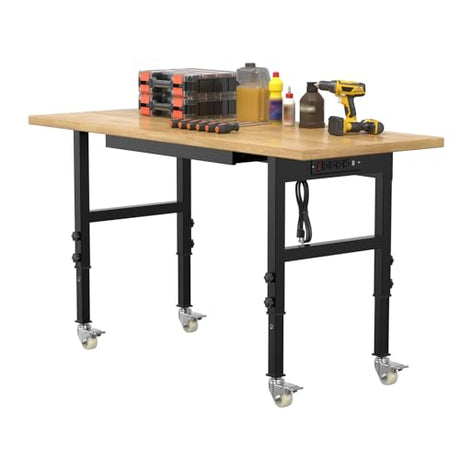 60" Adjustable Workbench,Heavy-Duty Work Table,3000 LBS Load Capacity Hardwood Workstation Outlets with Power Strips, Drawers and Wheels,for Workshop, Garage Gymplis