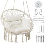 KROFEM Macrame Hammock Hanging Swinging Chair with Medium Cushion, Perfect for Bedroom, Porch, Adults, Balcony, Beige KROFEM