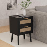 Ltysh Nightstand with Charging Station,2 Set Rattan Night Stand with Solid Wood Legs, Bedside Table with USB Ports & Outlets Bed Side Table,End Table for Bedroom,Living Room(Black-Set 2) Ltysh