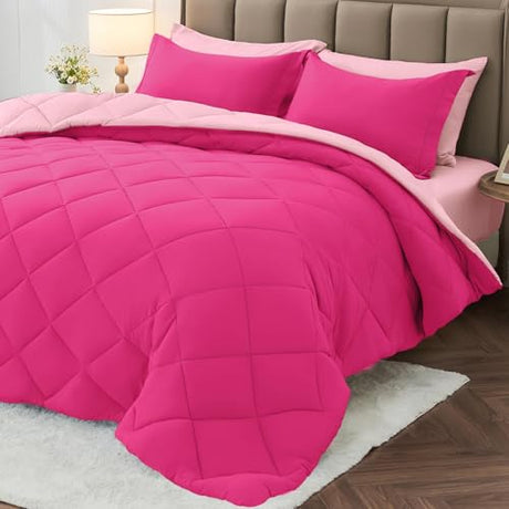 MUXHOMO 7 Pieces Full Comforter Set, Reversible Bed in a Bag Full Size, All Season Bedding Set with Comforter, Flat Sheet, Fitted Sheet, Pillowcases & Shams, Hot Pink & Baby Pink MUXHOMO