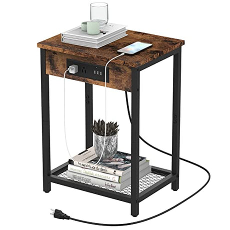 CADUKE Nightstand with Charging Station, Small Bedside Table with USB Ports and Power Outlets, Industrial Brown Side Table for Bedroom, Living Room, Farmhouse CADUKE