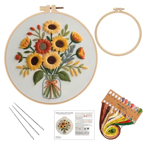MIJIJHH Embroidery Kits, Embroidery Kits for Beginners, Cross Stitch Kit for Beginners, Sunflower Bouquet Vase Embroidery Kit with Complete Supplies, for Home Decor and Gift Giving