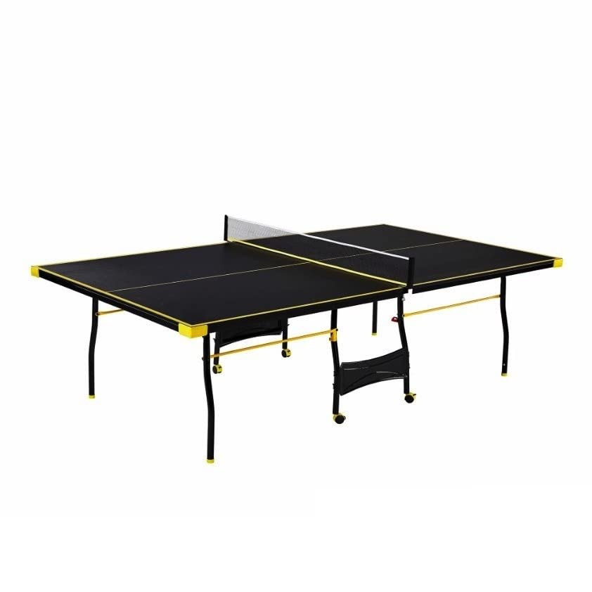 Black Yellow Folding Rolling Table Tennis Table Indoor Ping Pong Table with 2 Paddles 2 Balls 1 Net and Post Set 4 Wheels for Easy Movement Perfect Christmas New Year Holiday Season Gifts WoodArtSupply