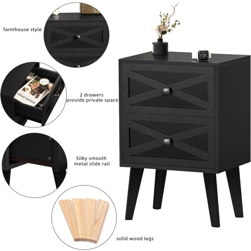 Lerliuo Nightstand Set of 2, Black End Table with 2 Drawers Barn Door Decorated, Mid Century Modern Night Stand, Bed Side Table with Storage, Solid Wood Legs Cabinet Dresser for Living Room, Bedroom Lerliuo