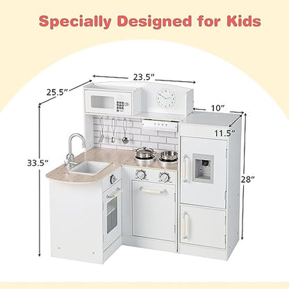 HONEY JOY Corner Kids Kitchen Playset, Little Chef Wooden Play Kitchen for Toddlers, Water Dispenser, Microwave, Range Hood, Refrigerator, Cookware, Modular Pretend Toy Kitchen Set w/Lights & - WoodArtSupply