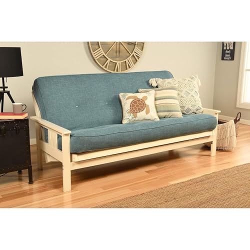 HomeStock Full Size Futon Frame with Mattress - Convertible Sofa Bed - Antique White Linen Aqua/Without Storage Drawers HomeStock