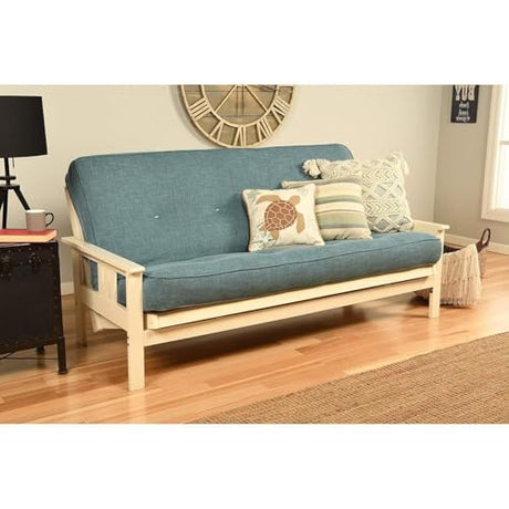 HomeStock Full Size Futon Frame with Mattress - Convertible Sofa Bed - Antique White Linen Aqua/Without Storage Drawers HomeStock