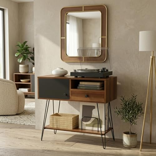 Large Mid Century Modern Record Player Stand with Vinyl Storage Holds Up to 200 Albums - Walnut Console Table for Turntables, Living Room, and Entryway | Record Player Table MAISON LEON