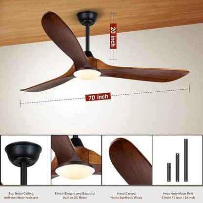 70 inch Large Ceiling Fan with Lights, Outdoor Ceiling Fan for Patio Waterproof, 3 Blades Propeller Wood Ceiling fan with lights, Reversible Quiet DC Motor for Exterior House Porch Farmhouse Gazebo