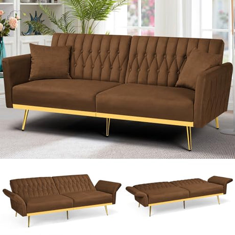 ACMEASE 70” Velvet Futon Sofa Bed with 2 Pillows and Adjustable Armrests, Convertible Sleeper Bed W/Adjustable Backrests, Modern Loveseat for Living Room, Bedroom, Brown ACMEASE