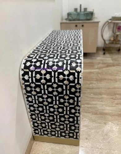 Black and White Geometric Pattern Mother of Pearl Inlay Console Table, Modern Entryway Accent Furniture with Gold Base Generic