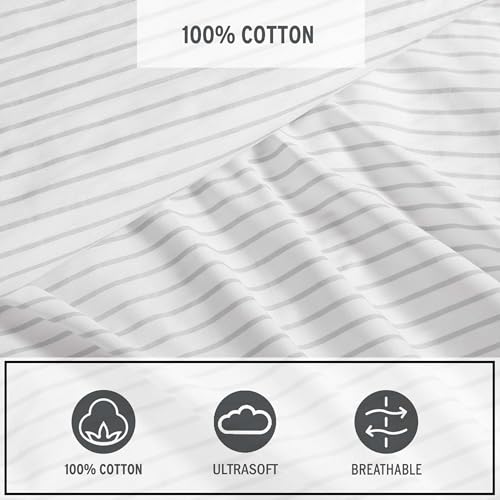 Eddie Bauer - Sheet Set, Luxurious Cotton Percale Bedding with Matching Pillowcases, Crisp & Cool, Fully Elasticized (Arden Stripe Grey, Full) Eddie Bauer