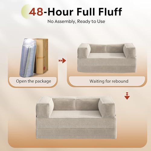 WLIVE 71'' Futon Sofa Bed, Convertible Sleeper Sofa, Folding Pull Out Couch Boneless Mattress with Fixed Frame, Corduroy, with Storage Pocket, Beige WLIVE