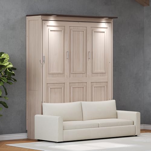 Merax Queen Size Wood Murphy Bed, with Upholstered Sofa Multifunctional Foldable Wall Platform Bedframe for Bedroom Guest-Room, Beige Merax