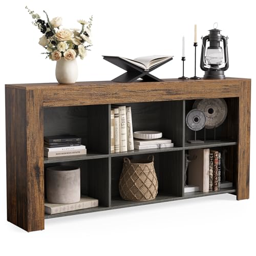 LITTLE TREE Console Table with Storage, 63-Inch Narrow Long Sofa Table, Entryway Table with 6 Cubes, Farmhouse Storage Shelves for Entryway, Living Room LITTLE TREE