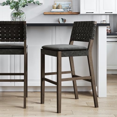 Nathan James Cohen Mid-Century Modern 29 in. Wood Bar Stool, Upholstered Faux Leather Bar Height Stool with Solid Wood Frame, Black Nathan James