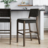 Nathan James Cohen Mid-Century Modern 29 in. Wood Bar Stool, Upholstered Faux Leather Bar Height Stool with Solid Wood Frame, Black Nathan James