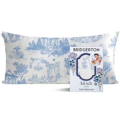 Bridgerton x Kitsch Satin Pillowcase with Zipper for Hair & Skin - Softer Than Silk Pillow Cases, Cooling Satin Pillow Case, Wrinkle-Free - King Size Satin Pillow Case (19x36) - Garden Toile Kitsch