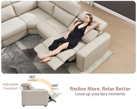 AMERLIFE Power Recliner Sectional Sofa with Storage/USB Port, Leather Recliner Sofa with Adjustable Headrest, Reclining Sectional Couches with Console and Cup Holder for Living Room (Beige Brown) AMERLIFE